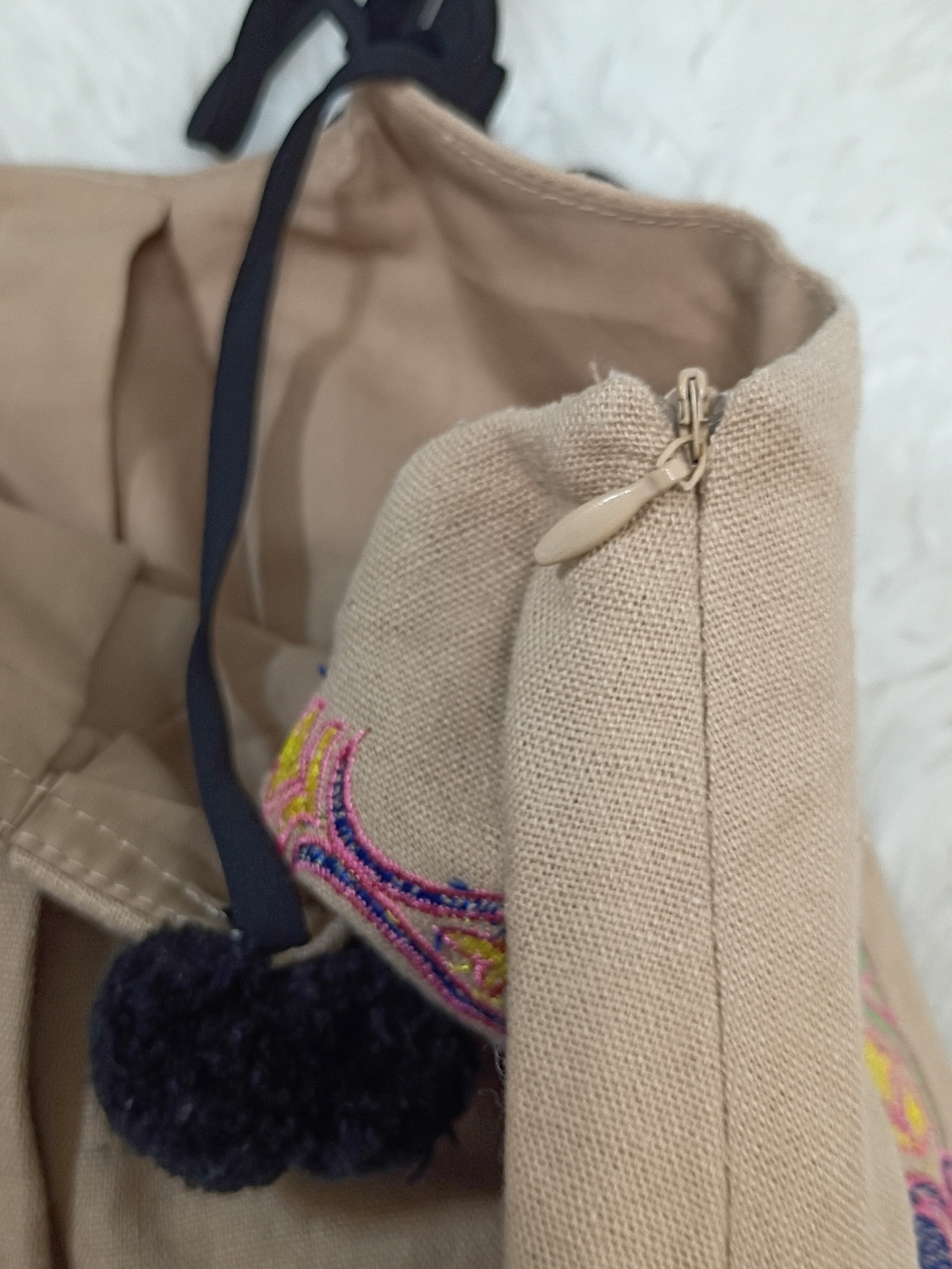 Endless Rose Embroidered Tan Shift Top With Pom Pom Shoulder Ties - Picture 6 of 8